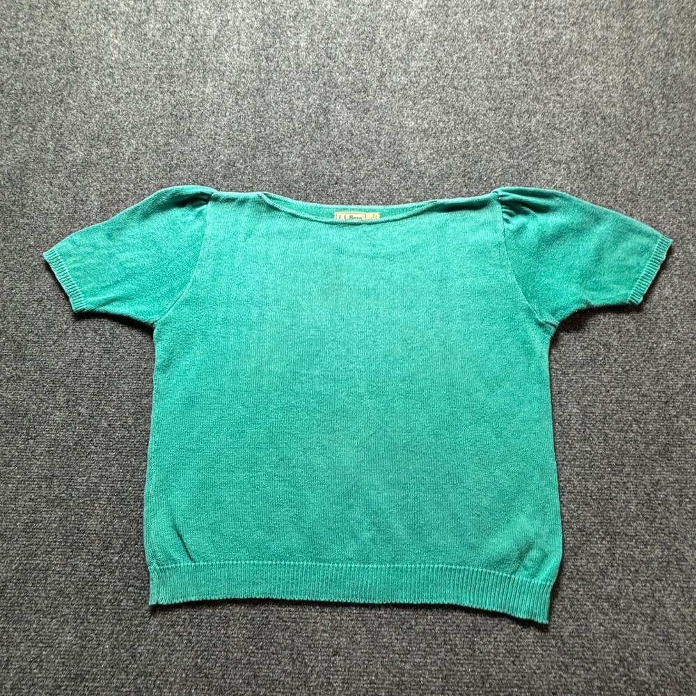 Vintage LL Bean Teal Green Knit Sweater Boat Neck Puff Sleeve Made in USA Large